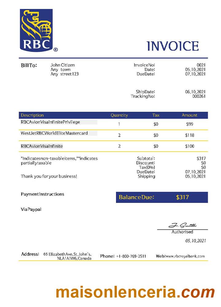 USA RBC faktura słowo i PDF szablon